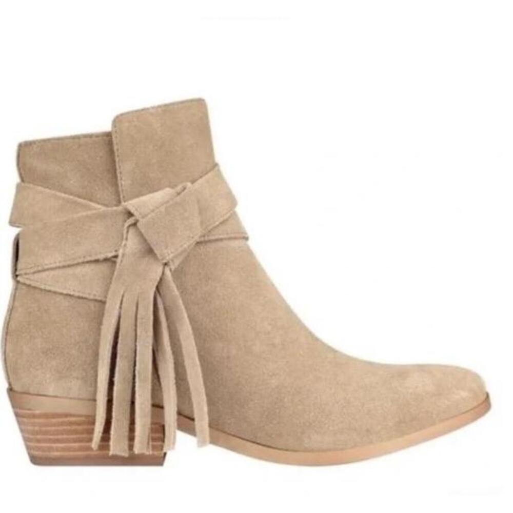 Guess Boots Ankle Suede Fringe Size 10 Beige Block Heel Western Chic - Picture 1 of 11